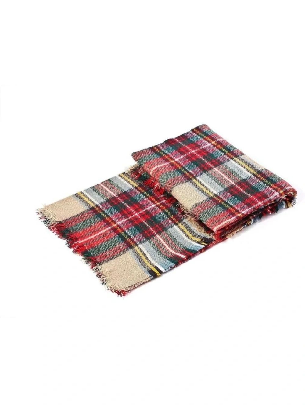 Plaid Fringe Blanket Scarf - Beige, Red & Green